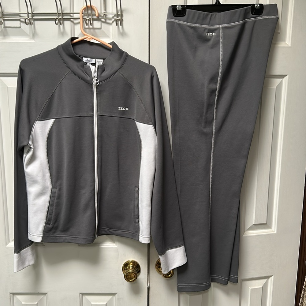 Izod Movement Gray Tracksuit, 2 pc. Zip jacket. Stretch waist, full flare pants.